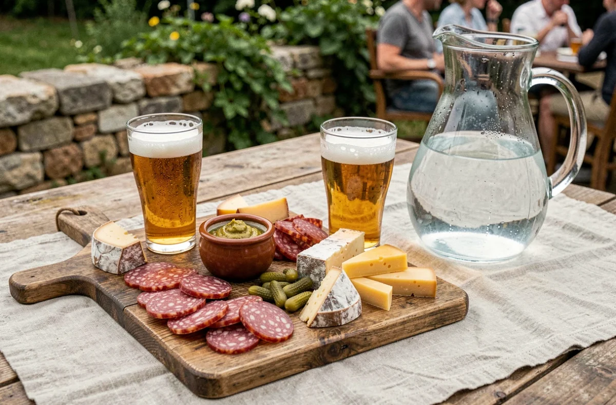 Plateau de charcuterie et verres de bière sur une table en bois à la terrasse de la Guinguette de la Ferme à Bondues