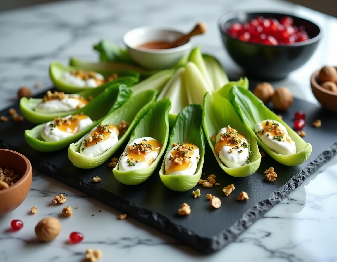 Plateau d'endives apéro au chèvre, miel et pistaches sur une ardoise avec présentation élégante