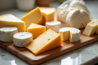 Assortiment de fromages sur un plateau en bois avec emballage pour congélation