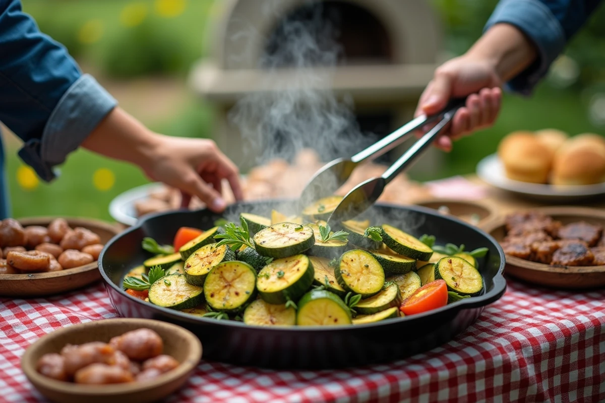 Plateau de courgettes saut&eacute;es avec viandes grill&eacute;es sur table rustique