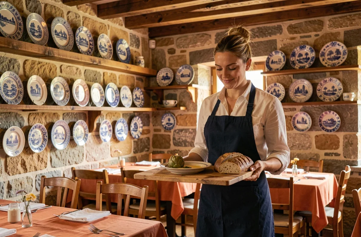 Serveuse portant un plat breton dans la salle rustique et chaleureuse du restaurant La Pomme d'Api à Saint-Pol-de-Léon