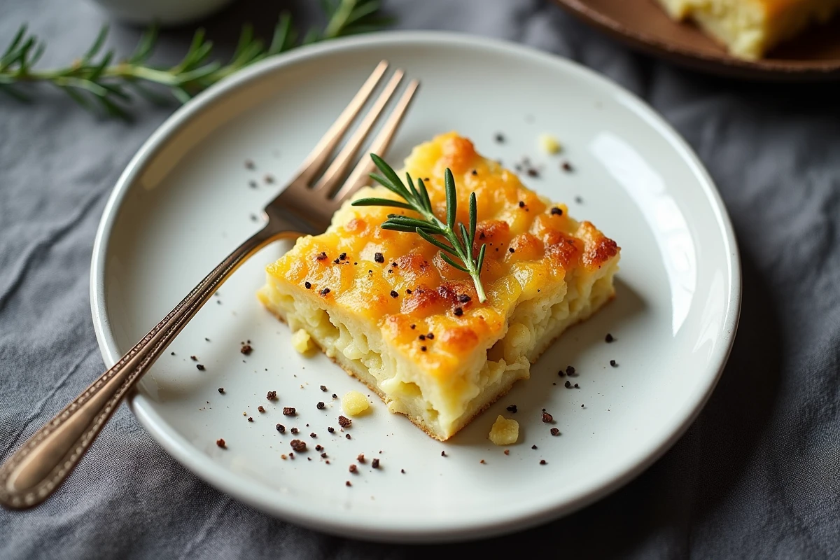 Portion individuelle de gratin de chou-fleur et pommes de terre sans béchamel servi dans une assiette blanche avec du thym frais