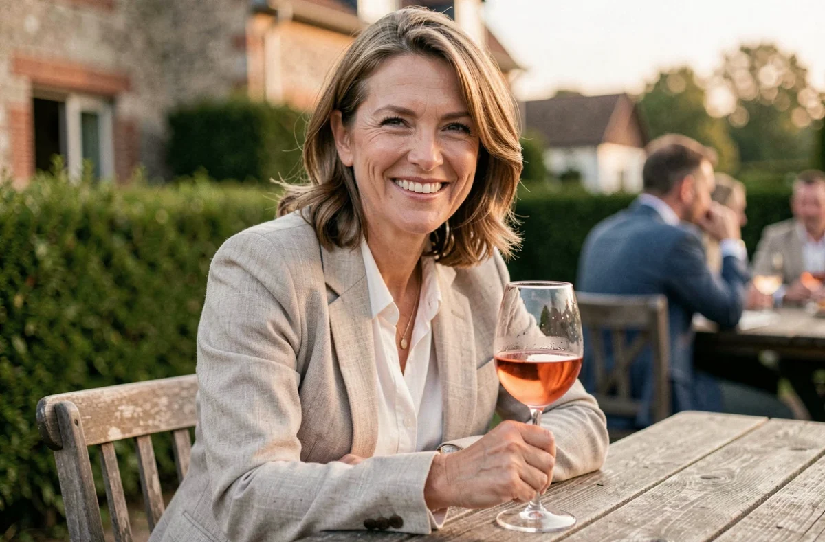 Portrait d'une femme souriante dégustant un verre de rosé en terrasse à la Guinguette de la Ferme de Bondues