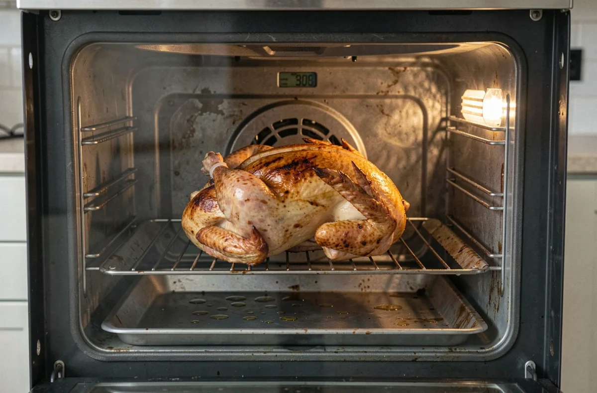 Poulet entier en train de rôtir à l'intérieur d'un four domestique sur grille de cuisson