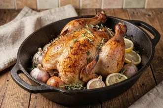Poulet entier rôti au four dans une cocotte en fonte avec herbes fraîches et citron