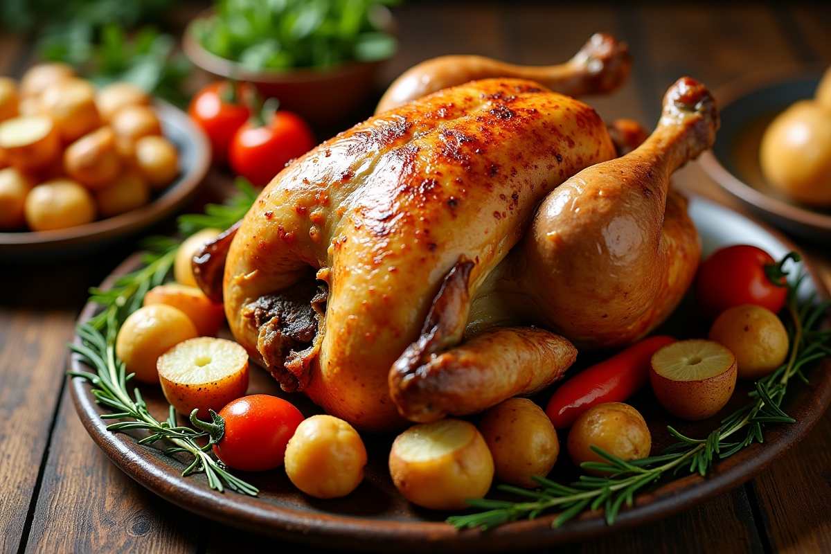 Poulet rôti doré sur table en bois rustique avec légumes