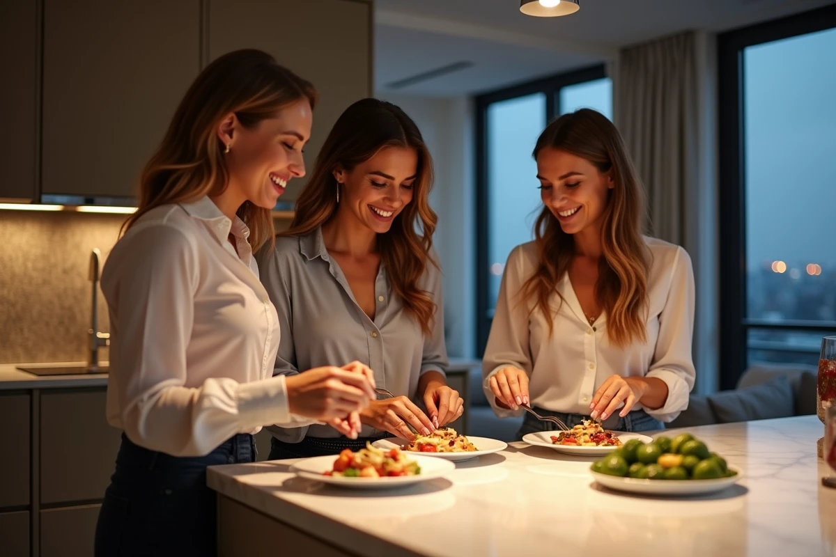 Trois amis préparant des amuse-bouches dans une cuisine urbaine