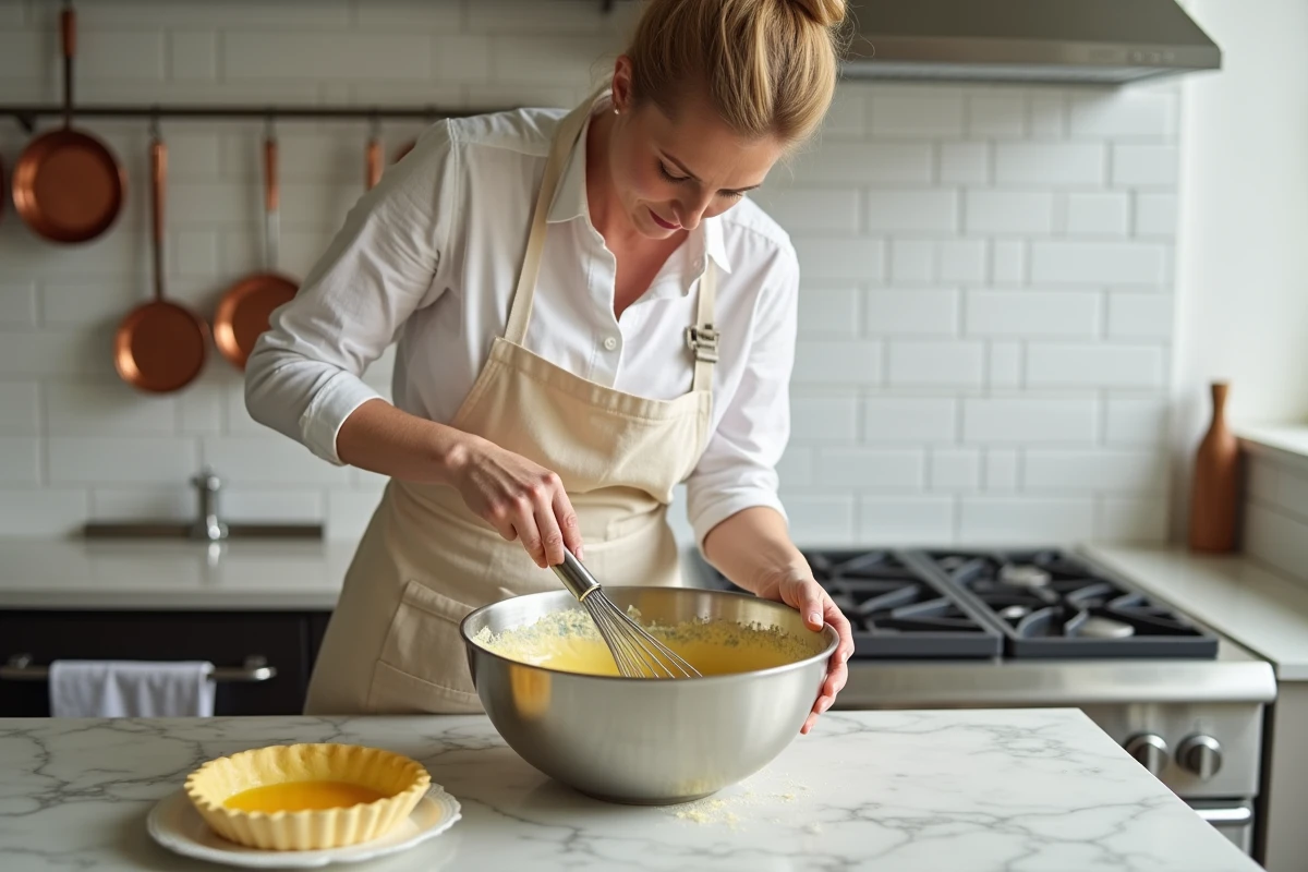 Femme préparant l'appareil à quiche lorraine en fouettant œufs entiers et jaunes d'œufs supplémentaires avec de la crème
