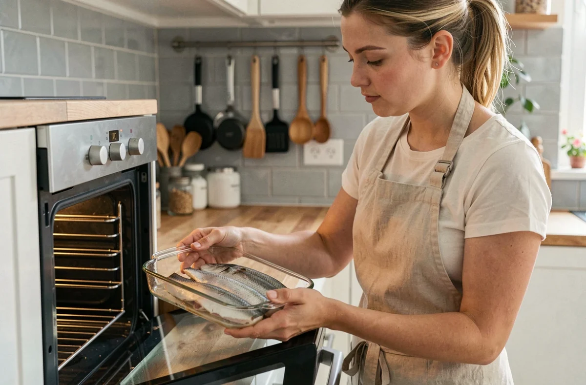 Femme préparant un dos de cabillaud au four dans une cuisine familiale, recette facile et saine pour enfants