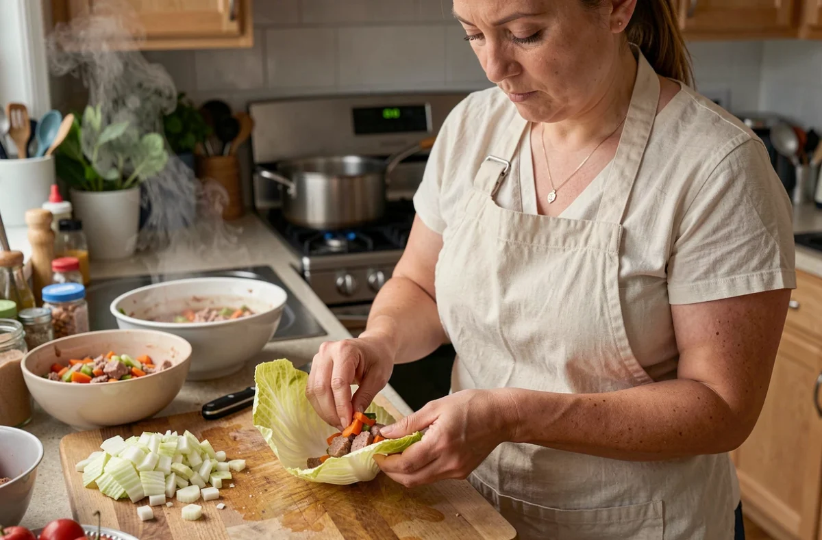 Femme en tablier préparant des choux farcis en roulant des feuilles de chou garnies de farce dans une cuisine maison