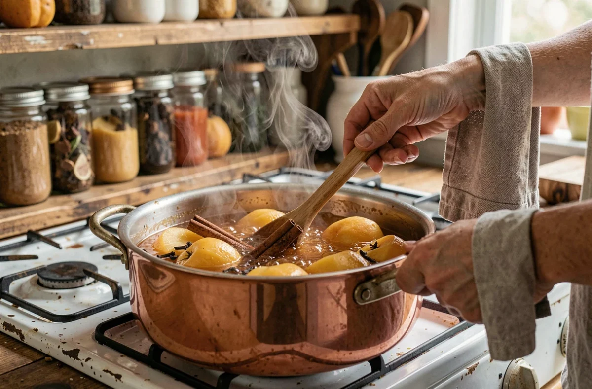 Mains remuant une confiture de coings aux épices dans une casserole en cuivre sur cuisinière