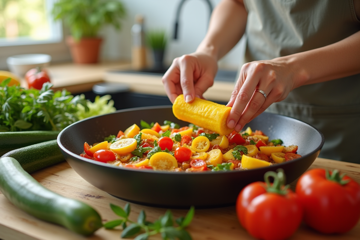 Mains préparant des courgettes jaunes pour ratatouille en cuisine