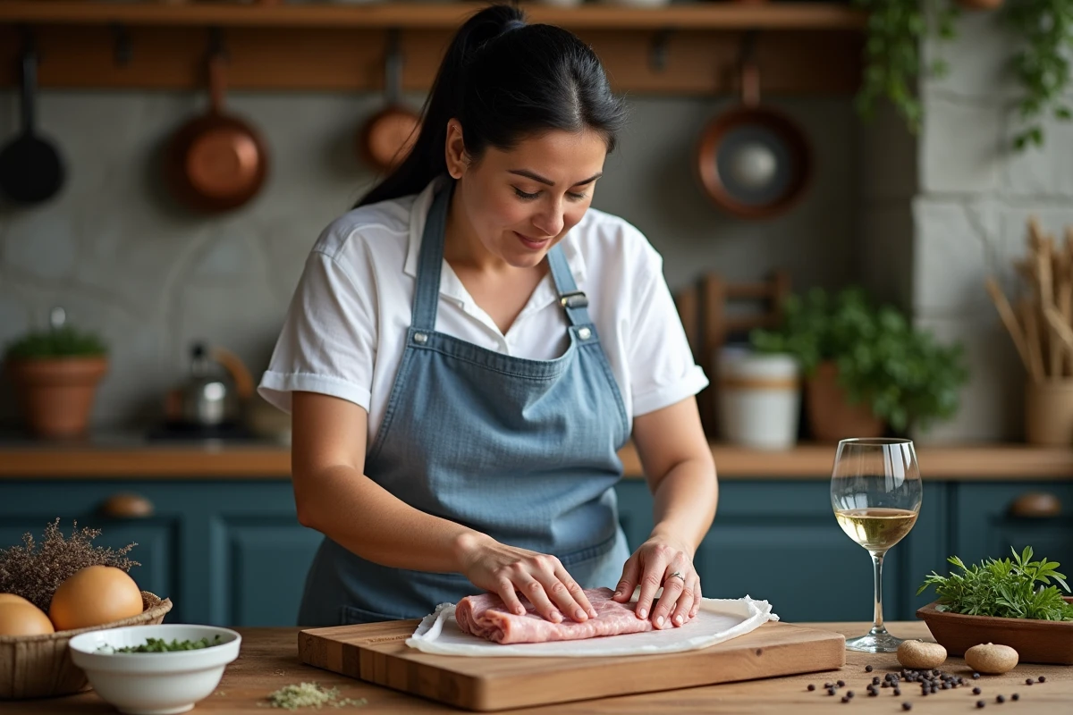 Femme pr&eacute;parant des cr&eacute;pinettes de porc maison en enveloppant la farce dans de la cr&eacute;pine sur un billot de boucherie