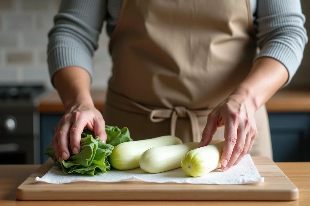 Cuisinier séchant des endives crues avec du papier absorbant pour éviter l'eau dans le gratin