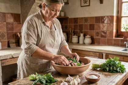 Femme préparant la farce des caillettes ardéchoises avec herbes et viande de porc dans une cuisine rustique en pierre