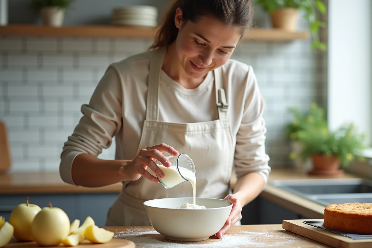 Femme en tablier de lin versant du yaourt dans un bol pour préparer un gâteau au yaourt et aux pommes dans une cuisine maison authentique