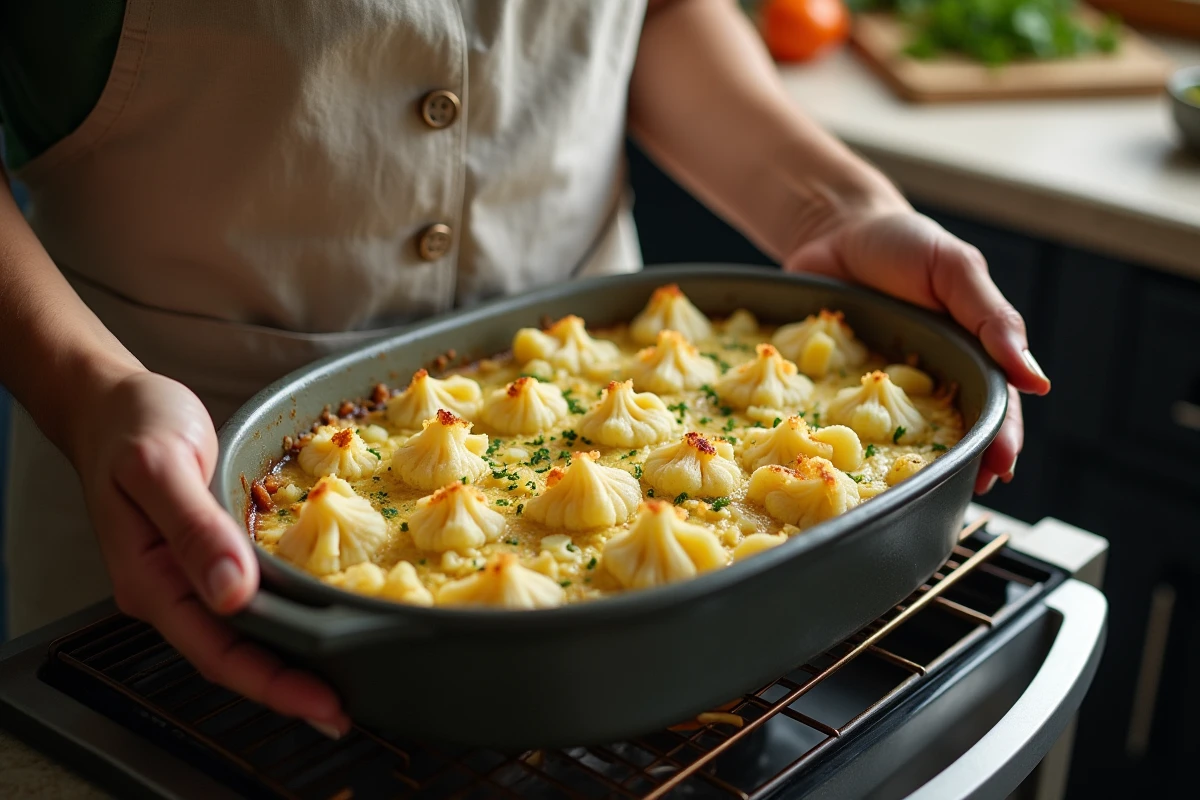 Cuisinière enfournant un gratin de chou-fleur et pommes de terre maison dans un four domestique