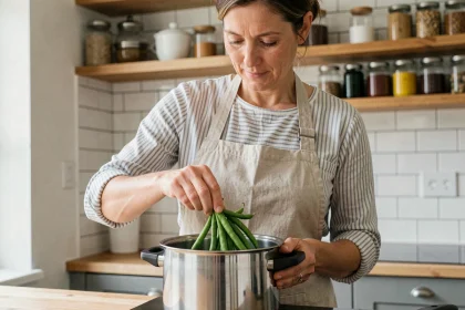 Femme préparant des haricots verts frais dans une cocotte minute sur un plan de travail de cuisine moderne