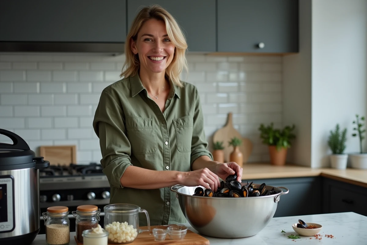 Femme préparant des moules fraîches dans une passoire à côté d'un Cookeo dans une cuisine moderne pour une soirée prévue entre amis