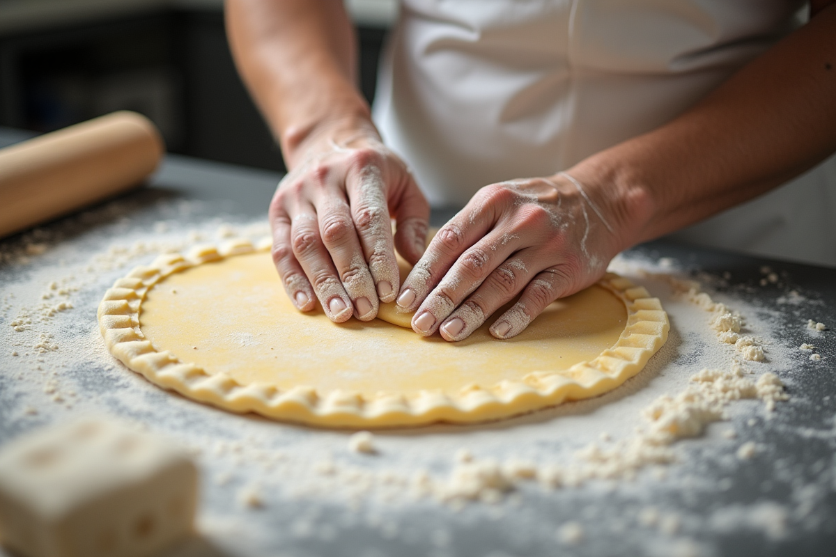 Mains préparant la pâte feuilletée pour millefeuille en cuisine