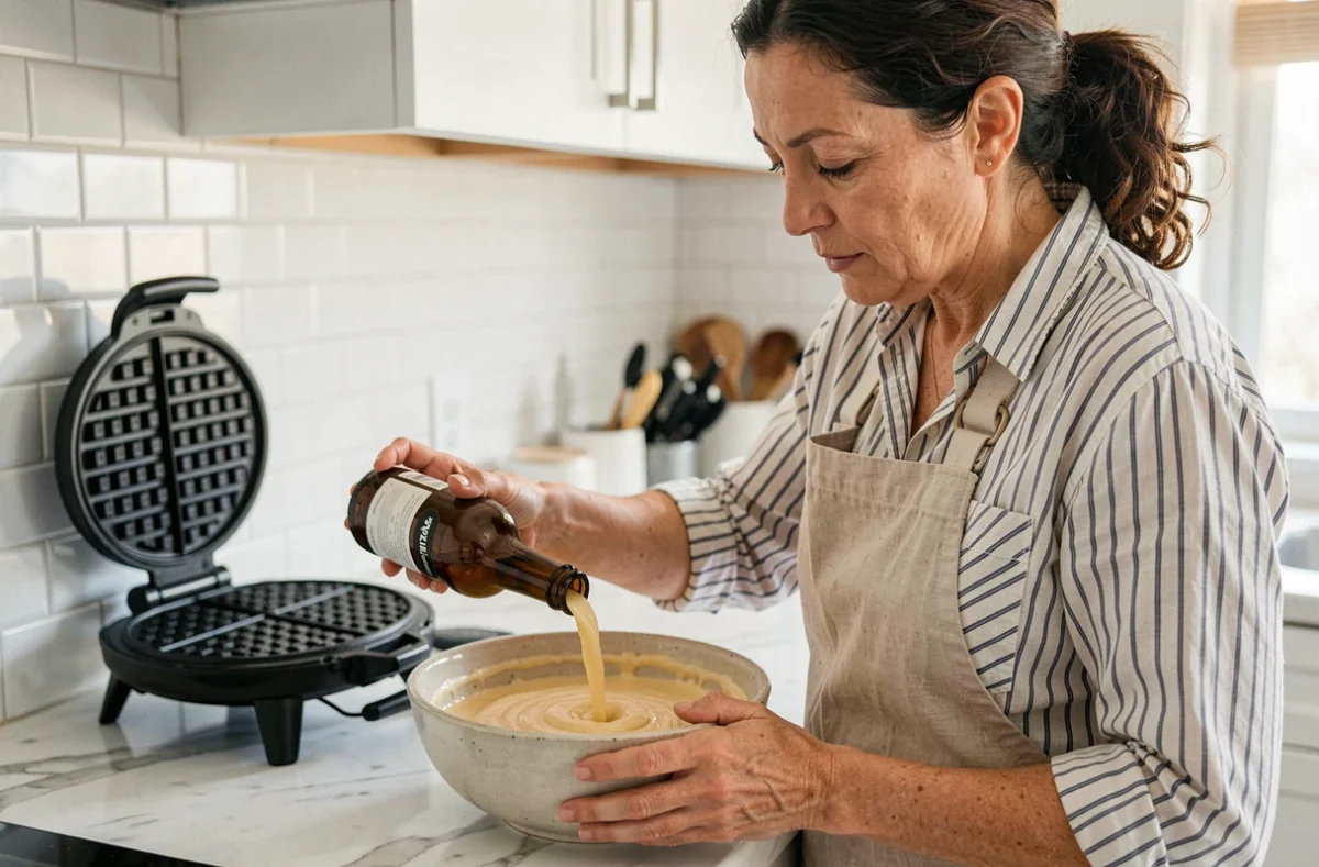 Femme versant de la bière blonde dans la pâte à gaufres dans une cuisine moderne