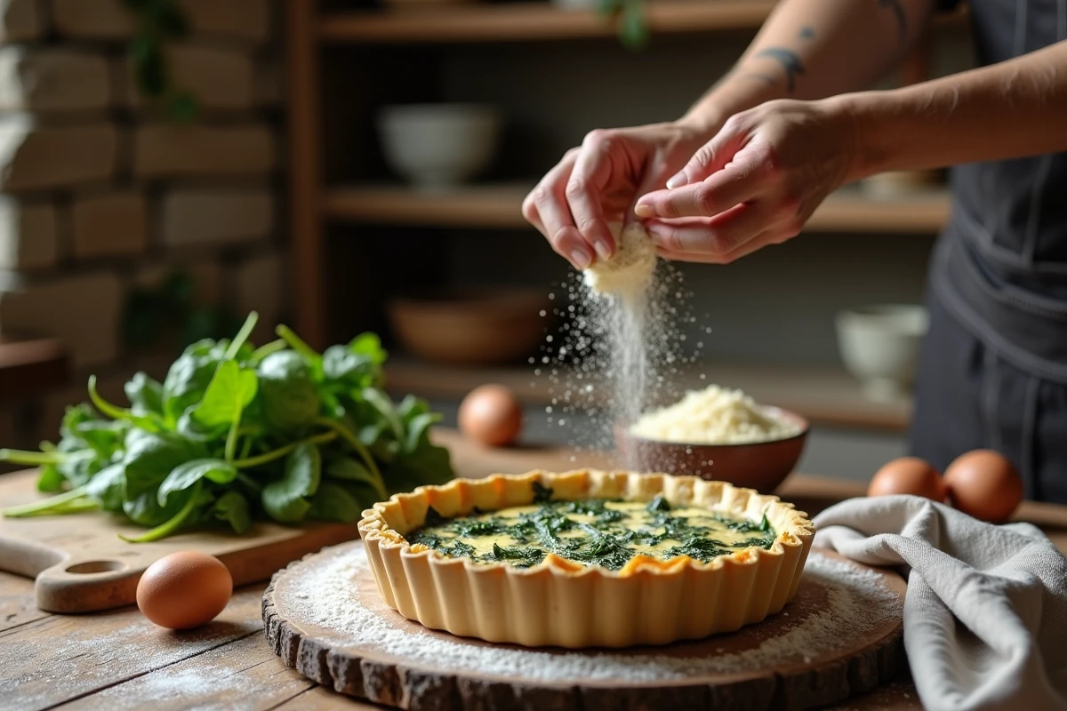 Quiche aux épinards cuits en cours de préparation sur une table en bois rustique avec ingrédients frais
