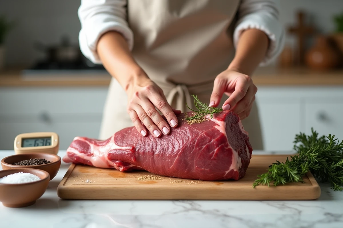 Femme préparant un rôti de bœuf de 1 kg en l'assaisonnant d'herbes et d'ail avant une cuisson basse température