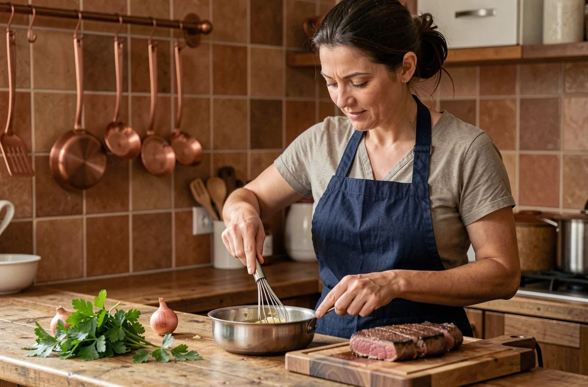 Femme préparant une sauce à l'échalote dans une casserole à côté d'un steak reposant sur une planche en bois