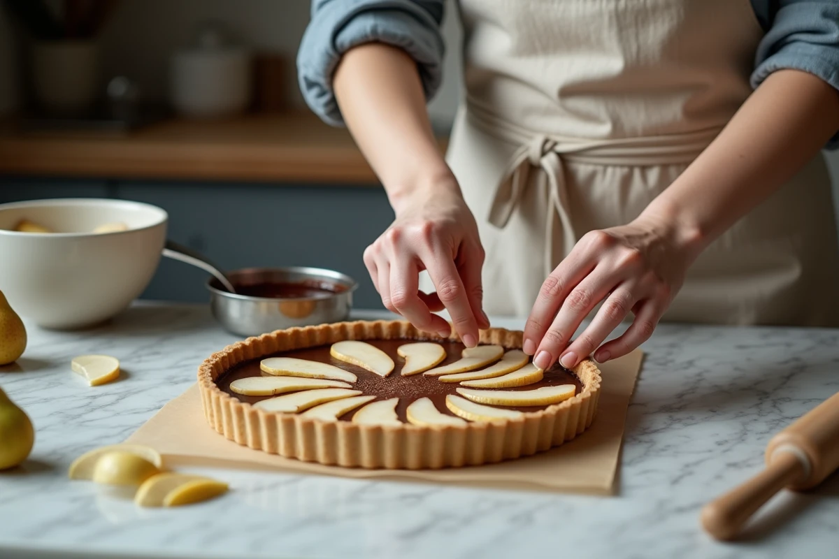 Femme préparant une tarte poire chocolat la veille dans une cuisine, disposant des tranches de poires sur la ganache dans un fond de tarte cru