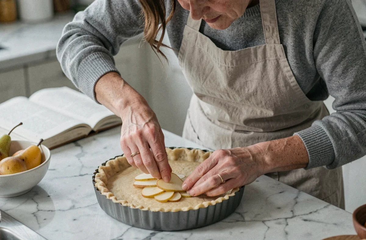 Femme disposant des tranches de poires sur une pâte à tarte crue dans un moule cannelé, sur un plan de travail en marbre