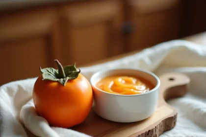 Purée de kaki dans un bol bébé à côté d'un fruit kaki mûr sur une planche en bois rustique