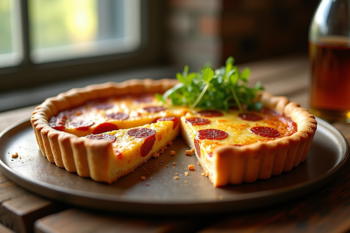 Quiche au chorizo tranchée sur table en bois rustique