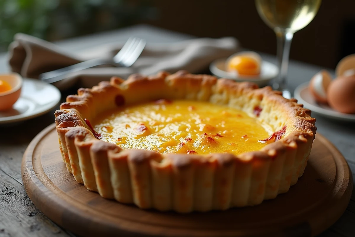 Quiche lorraine dorée et crémeuse sur planche en bois avec coquilles d'œufs à côté illustrant l'importance des jaunes dans la recette