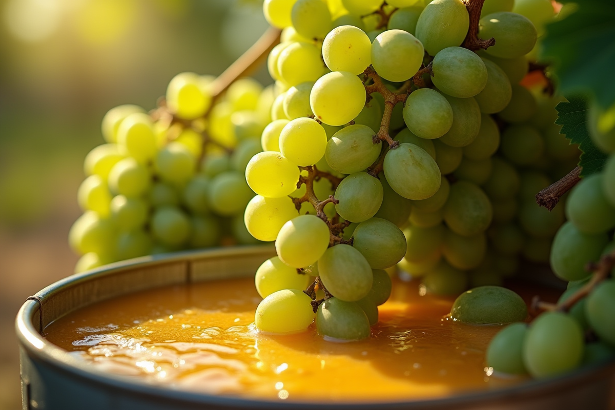 Raisin vert fraîchement récolté écrasé dans la cuve avec soleil naturel
