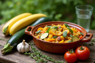 Ratatouille de courgettes jaunes sur une table en plein air