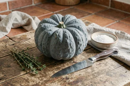 Courge bleu de Hongrie entière sur une table en bois rustique avec couteau de chef, sel et thym frais pour une recette savoureuse