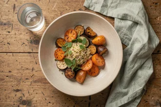 Bol de dîner végétarien léger avec légumes rôtis, quinoa et herbes fraîches sur une table en chêne, vue de dessus