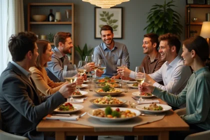 Groupe d'amis partageant un repas convivial autour d'une table