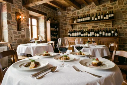 Table élégamment dressée dans un restaurant typique de Côte-d'Or avec vin de Bourgogne et plats raffinés