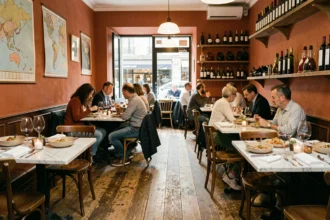 Salle de restaurant italien animée à Paris avec tables dressées, décor en terracotta et ambiance conviviale