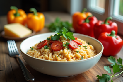 Risotto crémeux avec chorizo et persil frais dans un bol blanc