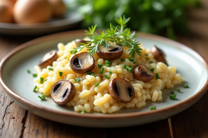 Assiette de risotto aux girolles crémeux garnie d'herbes fraîches