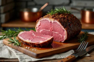 Rôti de bœuf de 1 kg cuit en basse température, tranché sur une planche en bois avec une croûte dorée et une chair rosée ultra tendre