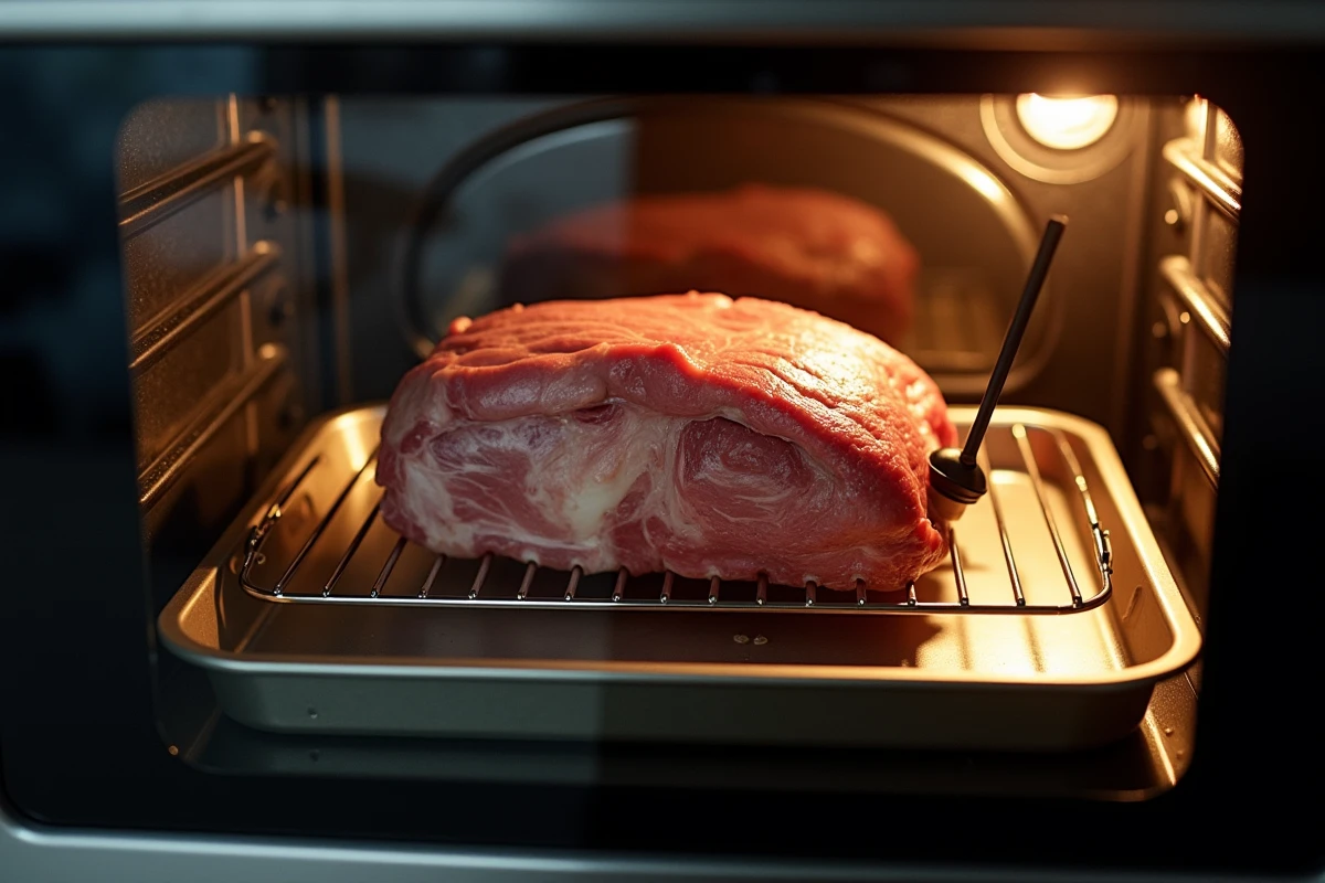 Rôti de bœuf en cuisson lente basse température dans un four moderne avec thermomètre sonde inséré dans la viande