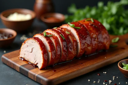 Rôti de porc façon asiatique tranché sur une planche en bois avec sauce hoisin et graines de sésame