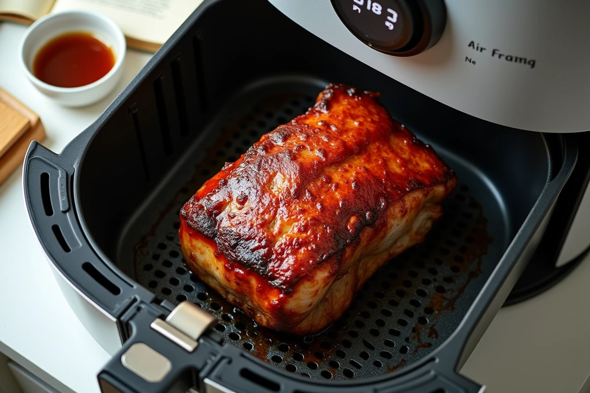 Rôti de porc mariné en cours de cuisson dans une friteuse à air chaud Air Fryer