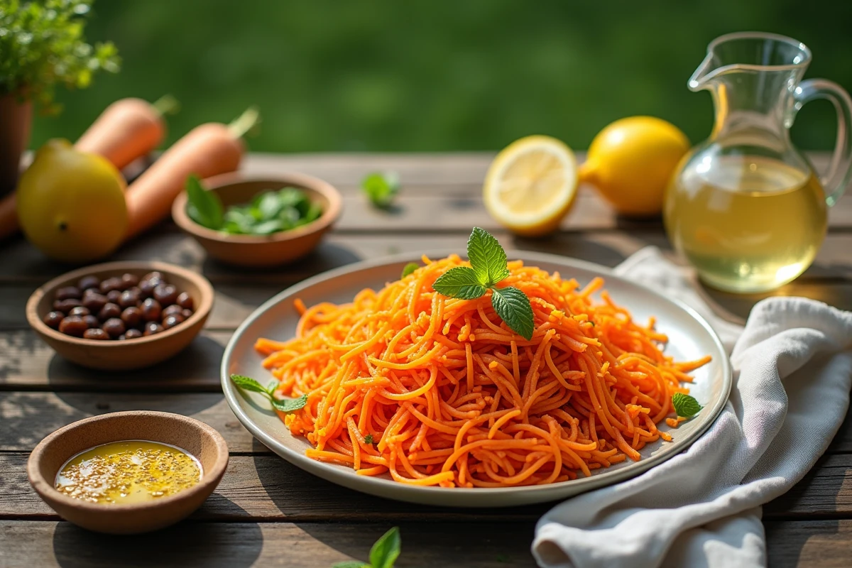 Plateau de carottes râpées en salade estivale servi en extérieur avec raisins secs, graines de sésame et menthe fraîche lors d'un pique-nique