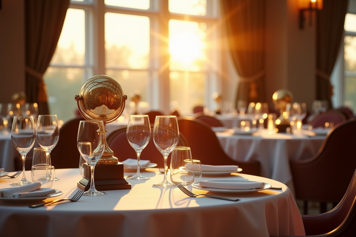 Salle de restaurant raffinée avec tables dressées et trophée Michelin en évidence