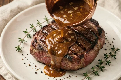 Sauce à l'échalote dorée versée sur un steak ribeye saignant dans une assiette blanche, vue du dessus