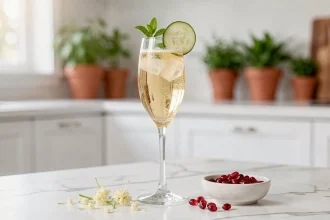 Flûte de soupe champagne sans alcool avec concombre et menthe sur marbre blanc pour un apéro chic